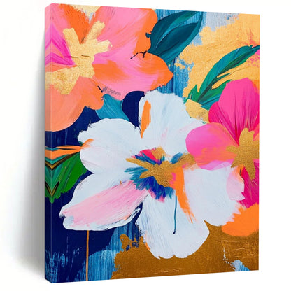 “Pink - Orange Gold Florals” - Pink, Orange, Gold Floral Bouquet Painting On Canvas DTP284