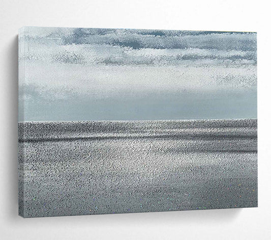 “Monochrome Sea & Sky” - Gray, White Minimalist Seascape Painting On Canvas DKH749