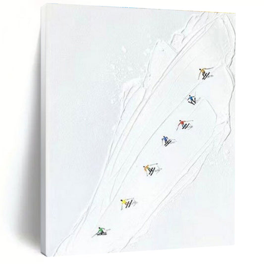White - based Ski Slope with Colorful Skiers, “Ski Trail Joy” - Minimalist Figurative Acrylic Painting CT0734