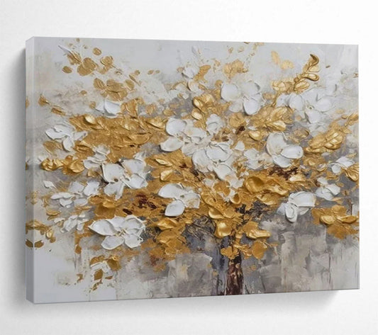 Gold and White Flower Tree - Impasto Floral Painting On Canvas DLZ246