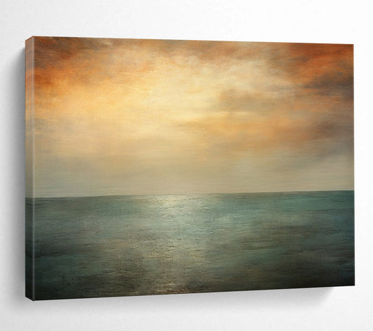 “Orange, Teal, Gray Seaside ‘Eternal Sunset’” - Abstract Seascape Painting On Canvas DLZ010