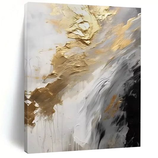 “Gold - White - Gray Flowing Abstract” - Gold, White, Gray Fluid Abstract Painting On Canvas DTP302