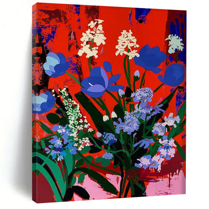 “Blue - White Flowers on Red” - Pop Art - Inspired Floral Painting On Canvas DTP101