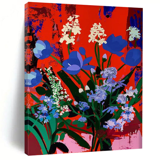 “Blue - White Flowers on Red” - Pop Art - Inspired Floral Painting On Canvas DTP101