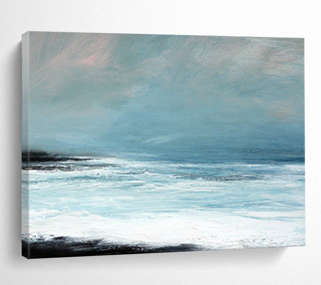 “Light Blue, White, Calm Ocean ‘Serene Seaside Hush’” - Minimalist Seascape Painting On Canvas DLZ032