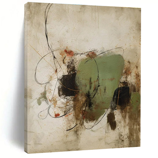 Neutral, Green, Black & Red Abstract Forms - "Organic Chaos" - Abstract Mixed - media Painting CT1462