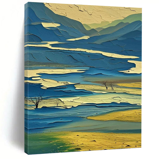 “Colorful Layered Landscape” - Blue, Green & Yellow Cubist - Inspired Painting On Canvas DKH0963