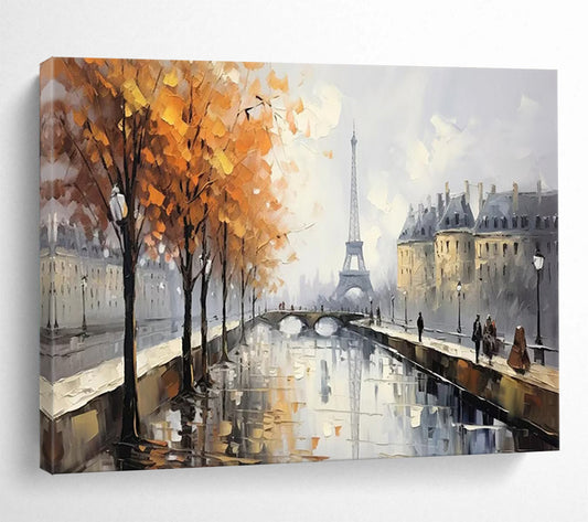 Autumn Paris River Scene with Eiffel Tower - Impressionist Landscape Painting On Canvas DLZ171