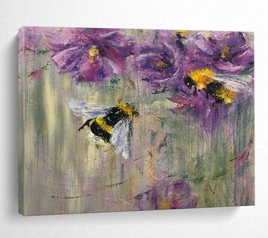 “Buzzy Floral Delight” - Purple, Yellow, Black Bee & Flower Impressionistic Painting On Canvas DKH718