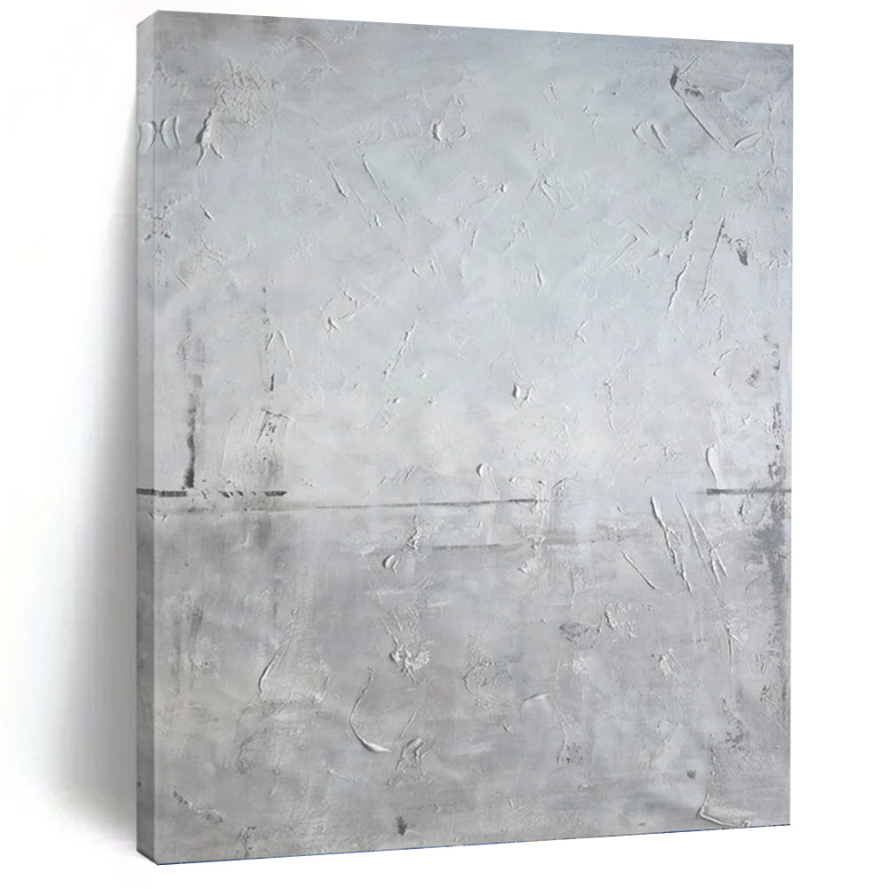 “White Textured Stillness” - Gray & White Minimalist Textured Painting On Canvas DKH1581