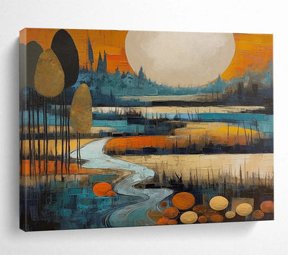 “Stylized Moonlit River” Cubist Landscape Painting On Canvas DLZ086