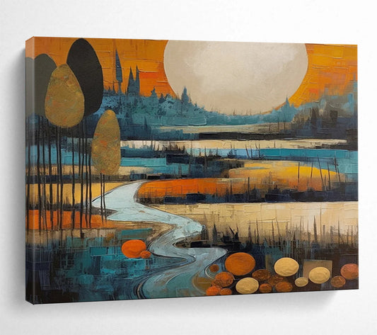 “Stylized Moonlit River” Cubist Landscape Painting On Canvas DLZ086