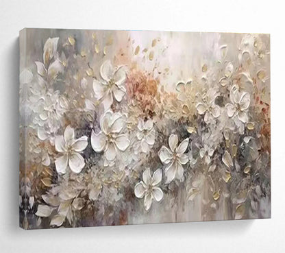 “Neutral Floral Impasto”：Textured Beige Flower Painting On Canvas DKH259