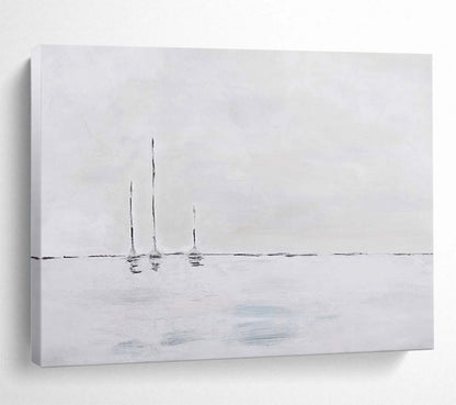 “Minimalist Sailboats in White” - White & Gray Maritime Minimalist Painting On Canvas DLZ261
