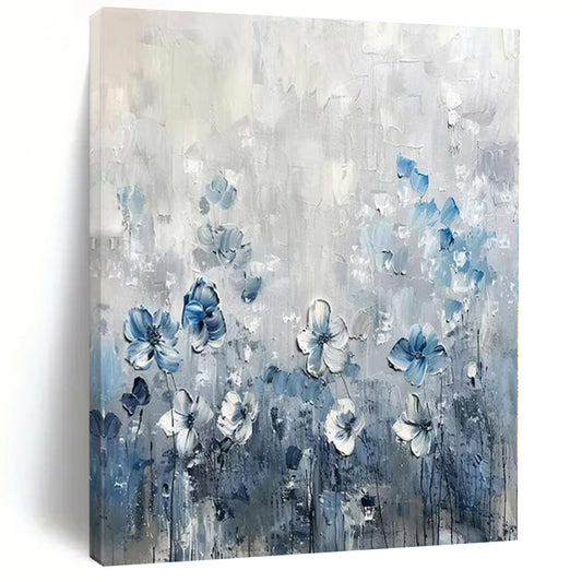 “Textured Blue - White Floral Field” – Impasto Floral Painting CT1086
