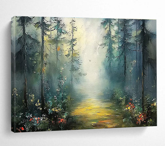 Misty Forest Path - Green & Yellow Landscape Painting On Canvas DKH871