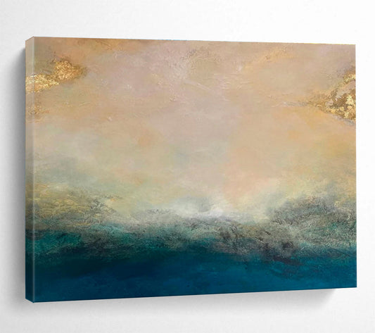 “Gold - Tipped Abstract Horizon” - Soft Multicolor Abstract Landscape Painting On Canvas DKH770