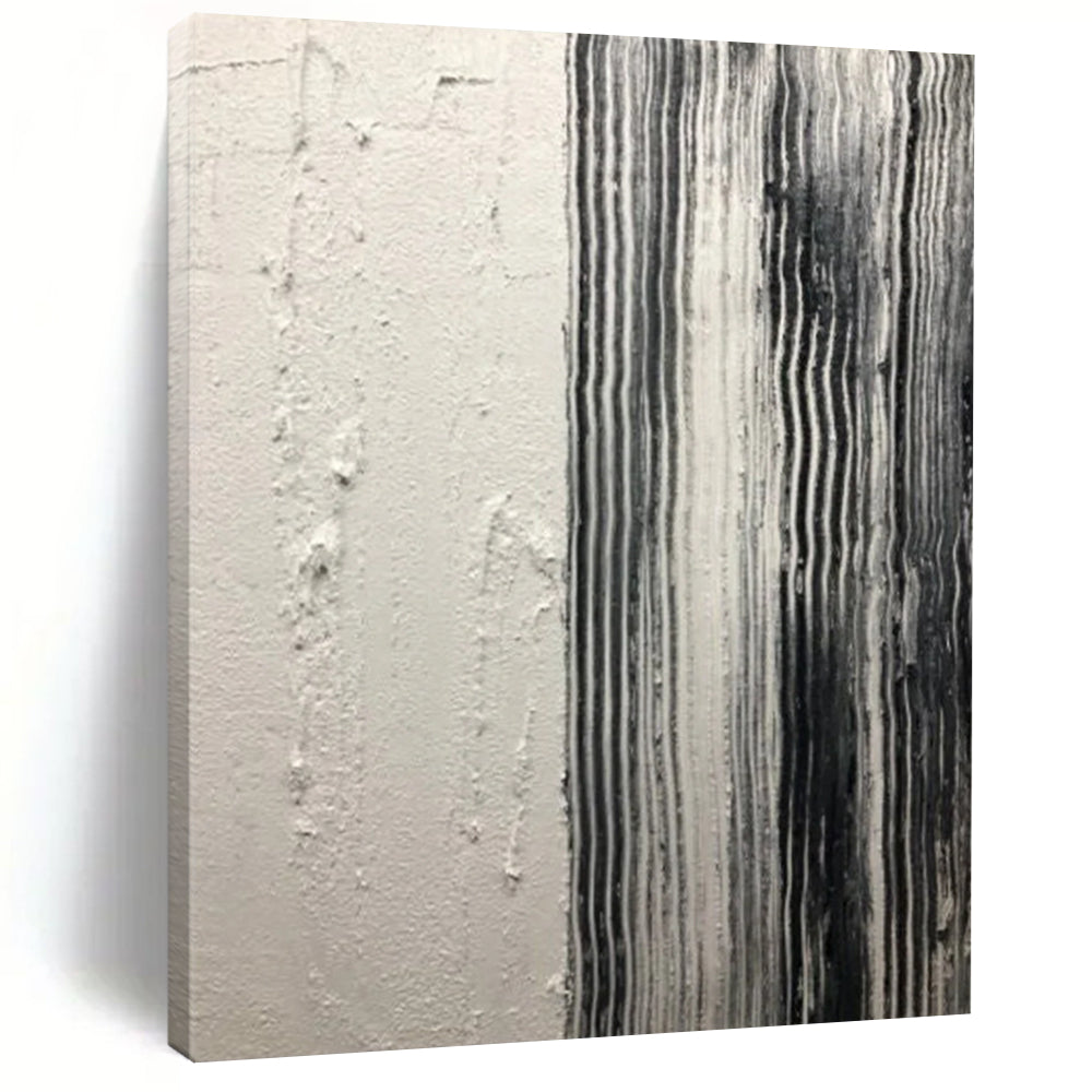 “White, Black Textured Stripes ‘Industrial Calm’” - Impasto Abstract Painting On Canvas DTP382