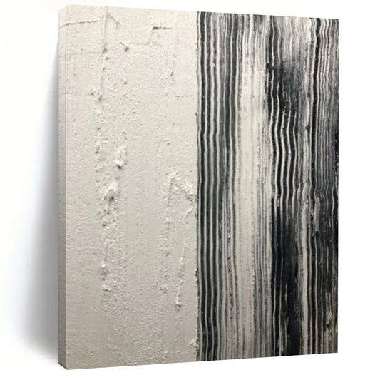 “White, Black Textured Stripes ‘Industrial Calm’” - Impasto Abstract Painting On Canvas DTP382