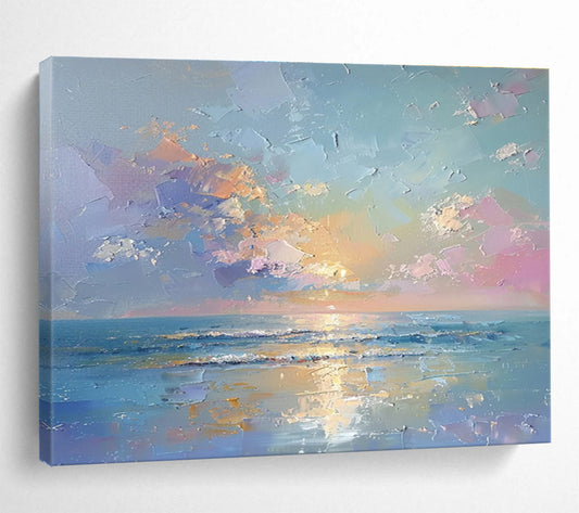 “Vibrant Seascape: Colorful Sunset Over Ocean” Impasto Oil Painting On Canvas DKH363
