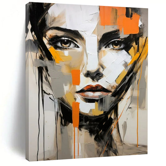 “Abstract Face” - Gray, Orange & Black Portrait Painting On Canvas CT2215