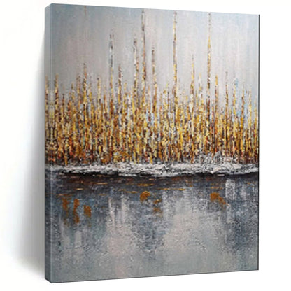 “Golden Reeds by Gray Water” – Landscape Oil Painting On Canvas CT2103