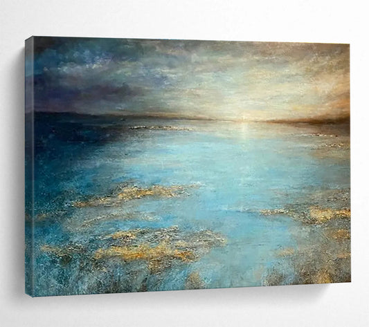 “Golden - Hued Blue Sea and Sky” - Impressionistic Seascape Painting On Canvas DKH771