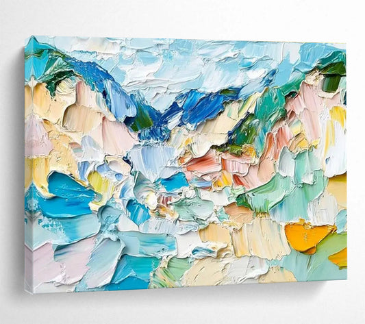 “Color - Blocked Impasto Mountains” - Abstract Landscape Painting On Canvas DKH804