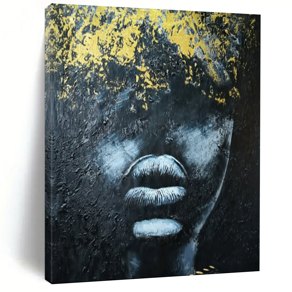 “Textured Black and Gold Portrait” – Abstract Impasto Portrait Painting On Canvas CT2153