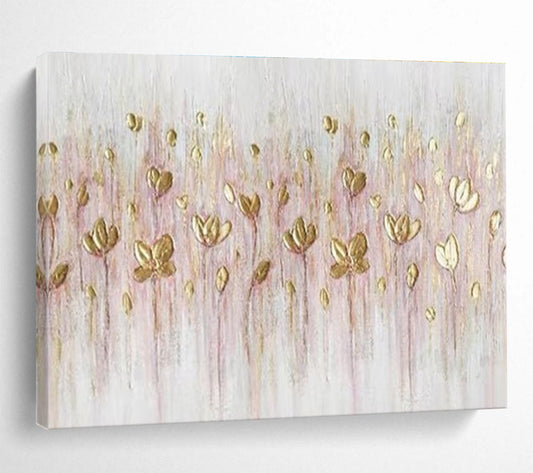 Golden Wildflowers - Pink & Gold Delicate Floral Painting On Canvas DKH875