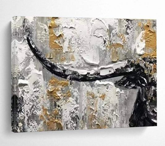 “Black, White & Gold Textured Bull” Abstract Animal Painting On Canvas DKH336