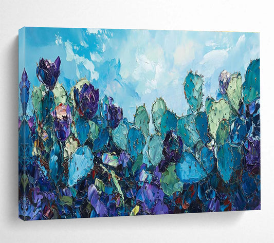 “Blue Cactus Field” - Vibrant Desert Painting On Canvas DKH827
