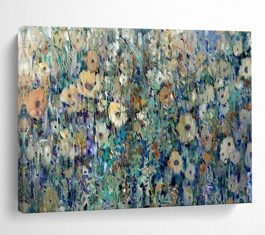 Impressionistic Wildflower Field - Blue, Green & Yellow Floral Painting On Canvas DKH897