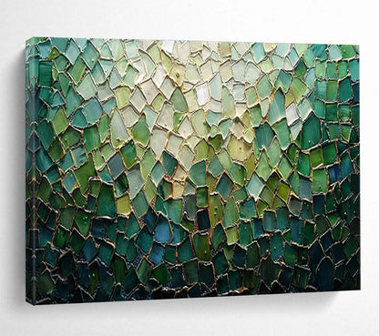 “Green Mosaic Glass” - Green, Blue, Gold Mosaic Artwork On Canvas DKH759