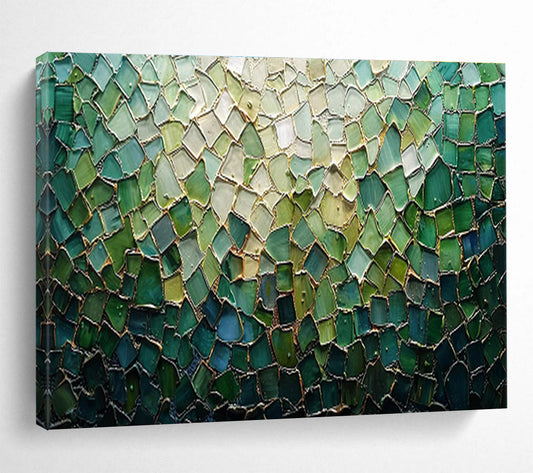 “Green Mosaic Glass” - Green, Blue, Gold Mosaic Artwork On Canvas DKH759