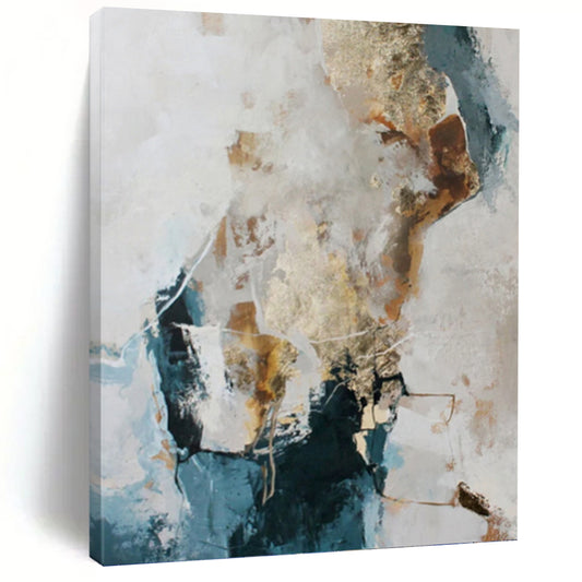 “Blue, Gold & White Abstract” - Blue, Gold & White Coastal - Inspired Painting On Canvas DKH1010