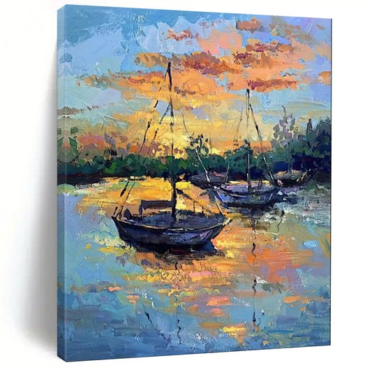 “Harbor Glow: Boats in Golden Light” - Impasto Landscape Oil on Canvas CT1894