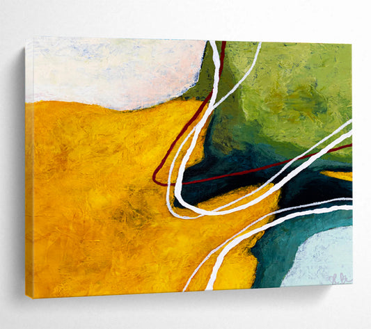 “Yellow - Green with Curved Lines” Abstract Acrylic Painting On Canvas DKH551