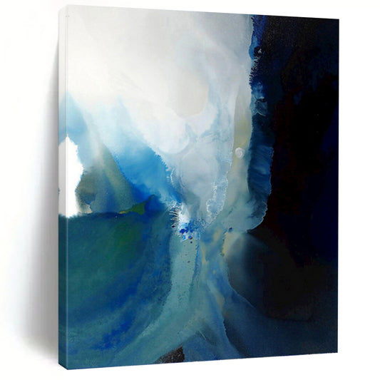 “Blue - White Ink Flow” - Blue, White & Black Abstract Watercolor Painting On Canvas DKH0941