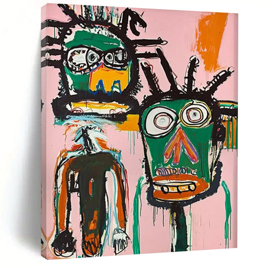 “Dual Tribal Figures on Pink” - Basquiat - Inspired Street Art Painting On Canvas DTP106