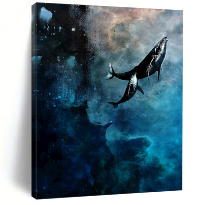 “Cosmic Whale Odyssey” - Blue, Black & White Surrealist - Inspired Painting On Canvas DKH0933
