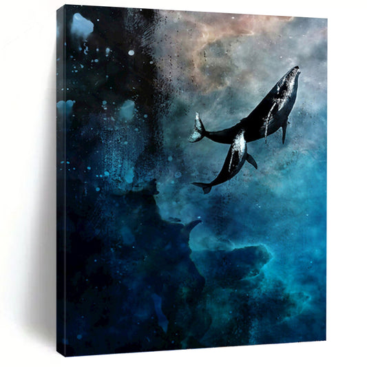 “Cosmic Whale Odyssey” - Blue, Black & White Surrealist - Inspired Painting On Canvas DKH0933