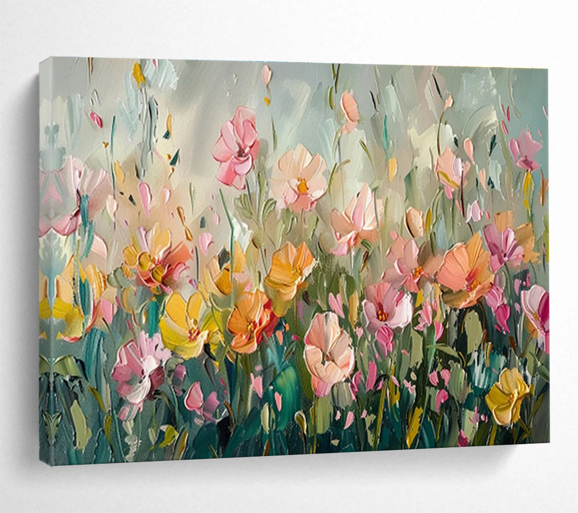 “Pastel Flower Field” - Soft - Hued, Textured Floral Impressionistic Painting On Canvas DKH709