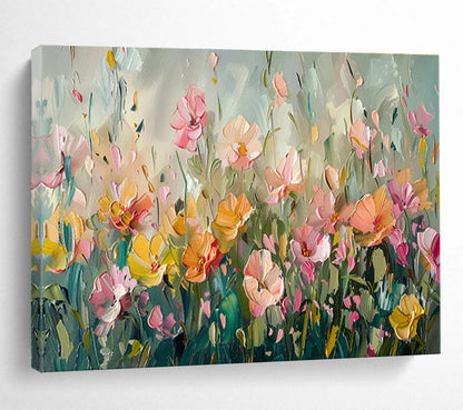 “Pastel Flower Field” - Soft - Hued, Textured Floral Impressionistic Painting On Canvas DKH709