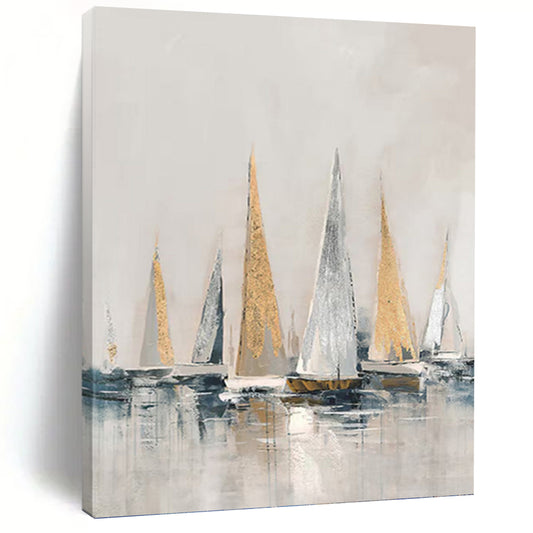 Gold and Silver Sailboats on Gray Water - Nautical Painting On Canvas DKH1416