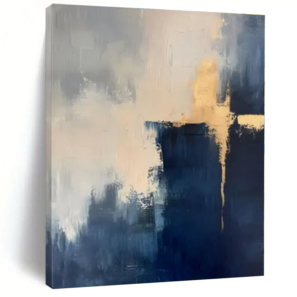 Navy, Gold & White Cross - Abstract Expressionist Acrylic On Canvas CT1311