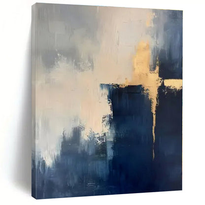 Navy, Gold & White Cross - Abstract Expressionist Acrylic On Canvas CT1311