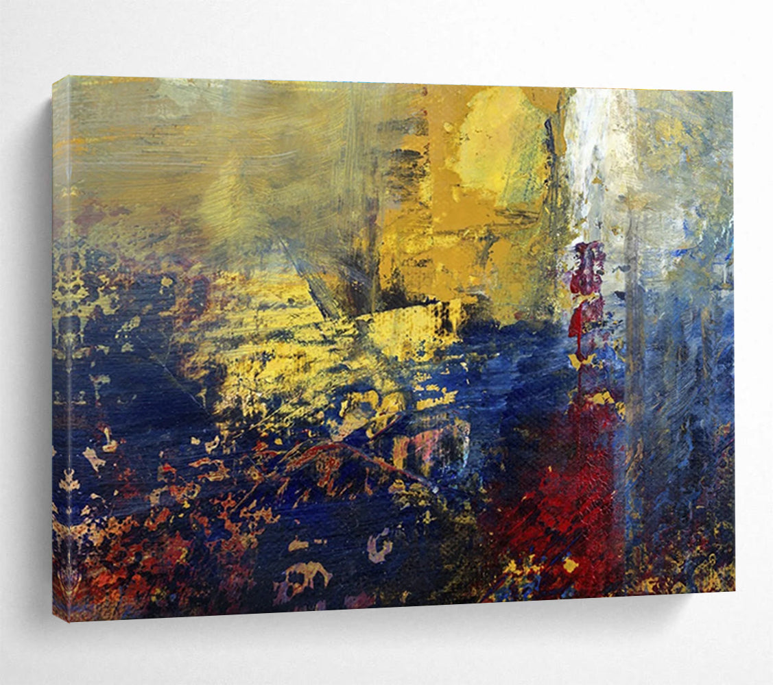 “Golden Dusk Abstraction” - Gold, Blue, Red Abstract Oil Painting On Canvas DKH722