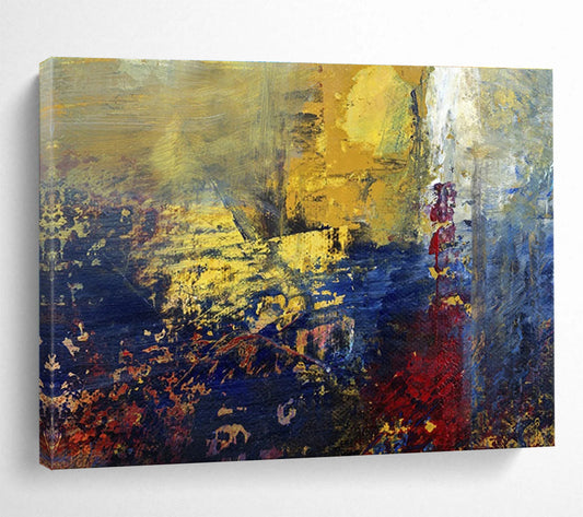 “Golden Dusk Abstraction” - Gold, Blue, Red Abstract Oil Painting On Canvas DKH722
