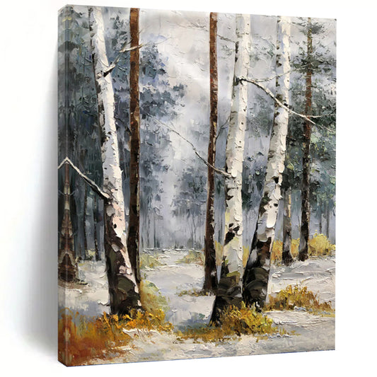 Snowy Birch Forest in Gray and White - Landscape Painting On Canvas DKH1276